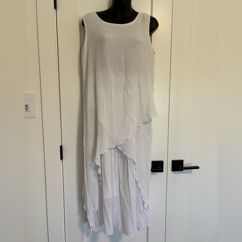 Casa Donna Linen Blend Layered Ruffled White Sleeveless‎ Midi Dress Size Large